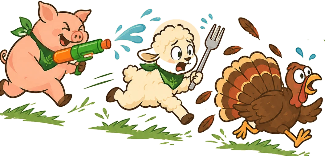 A pig with a water gun chases a lamb holding a fork, who chases a panicked turkey